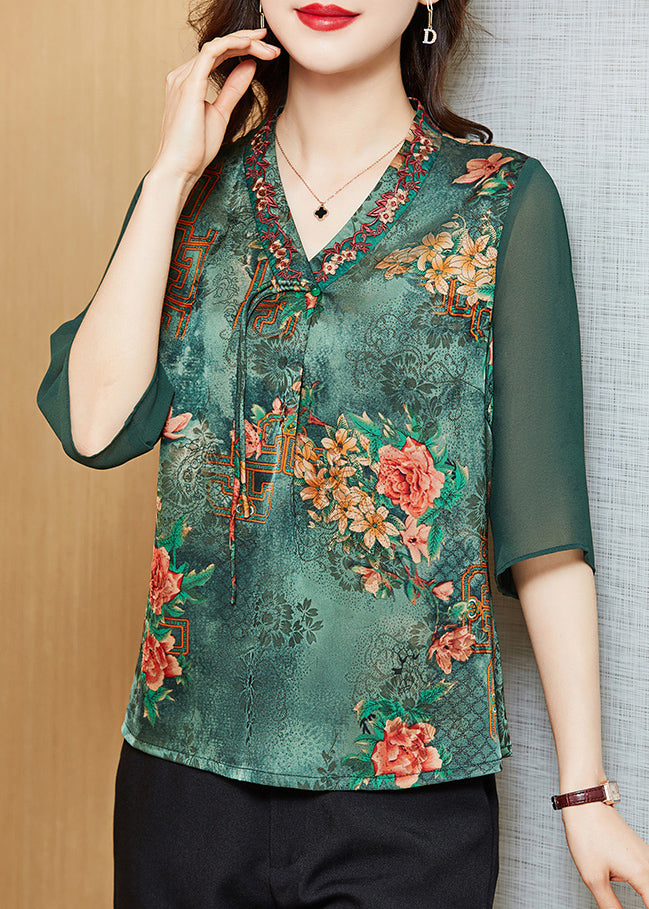 Blackish Green Print Silk Slim Fit Shirt Top V Neck Half Sleeve