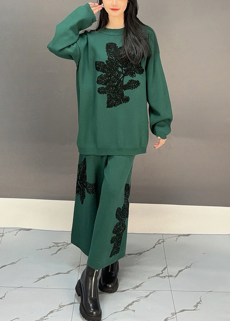 Blackish Green Sweatshirt And Wide Leg Pants Cotton Two Piece Set Embroidered Spring