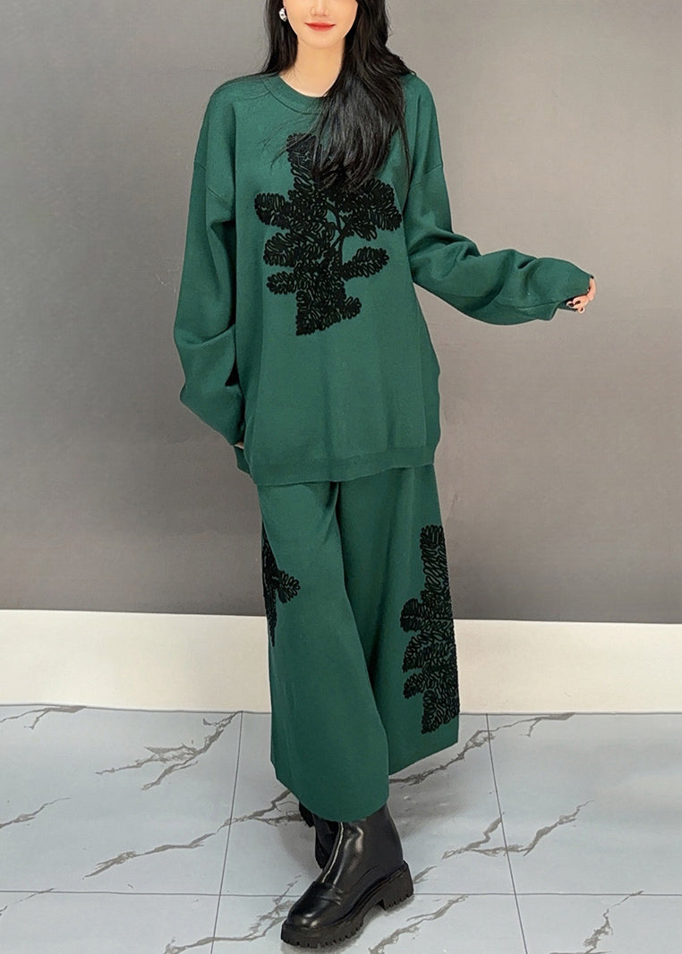 Blackish Green Sweatshirt And Wide Leg Pants Cotton Two Piece Set Embroidered Spring