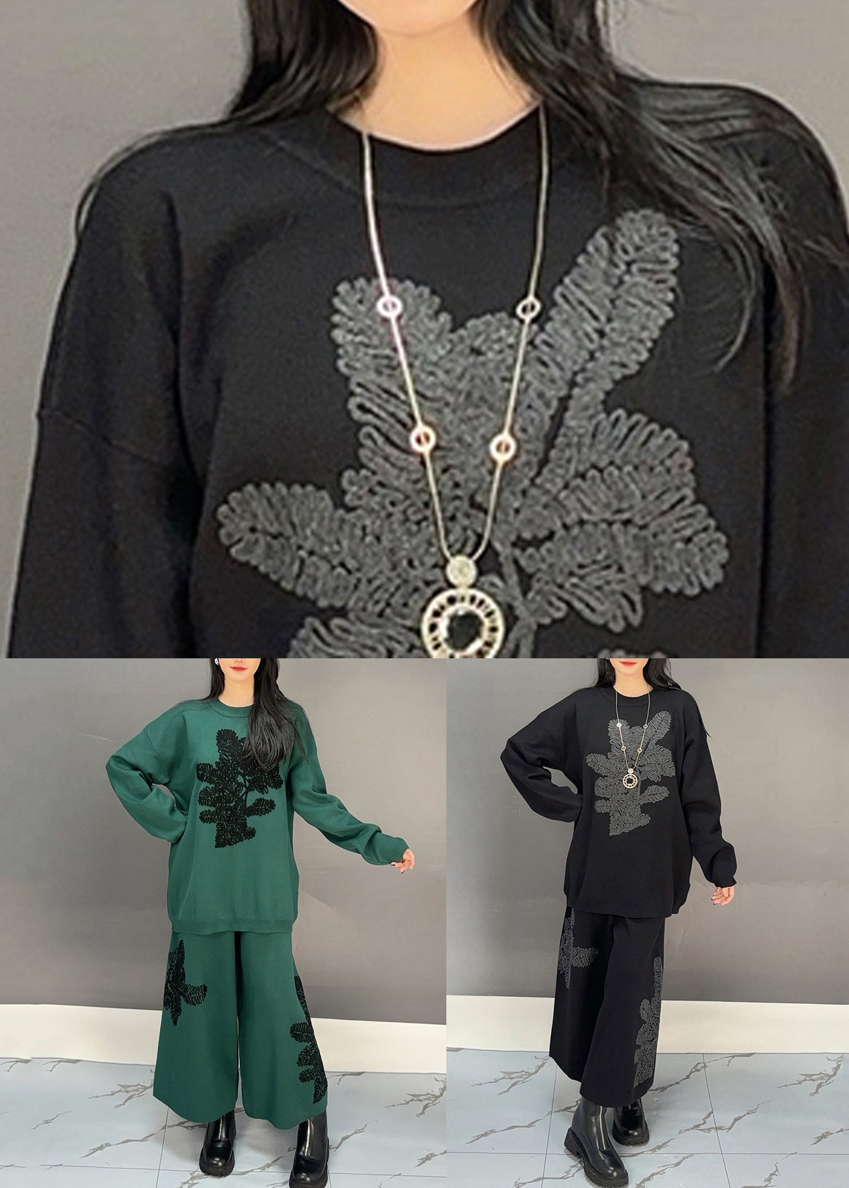 Blackish Green Sweatshirt And Wide Leg Pants Cotton Two Piece Set Embroidered Spring