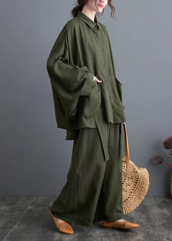 Blackish Green Two Piece Leisure Wide Legged Pants With Spring Art Loose Chiffon Shirt