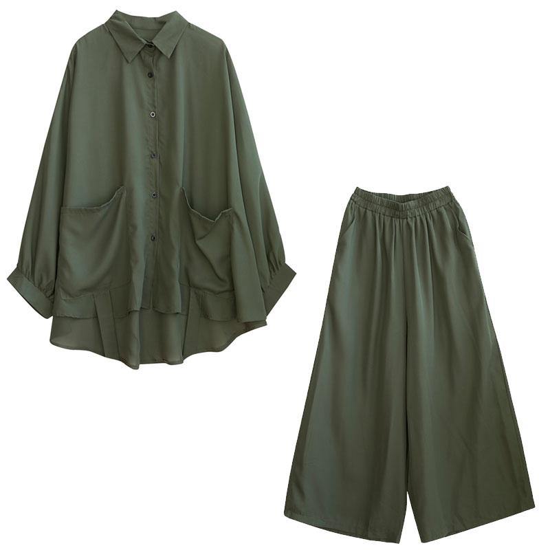 Blackish Green Two Piece Leisure Wide Legged Pants With Spring Art Loose Chiffon Shirt