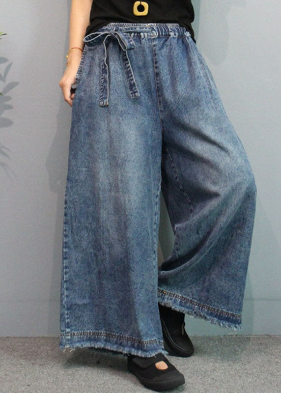 Blue Casual Retro Pockets Tie Waist Fall Wide Leg Denim Pants