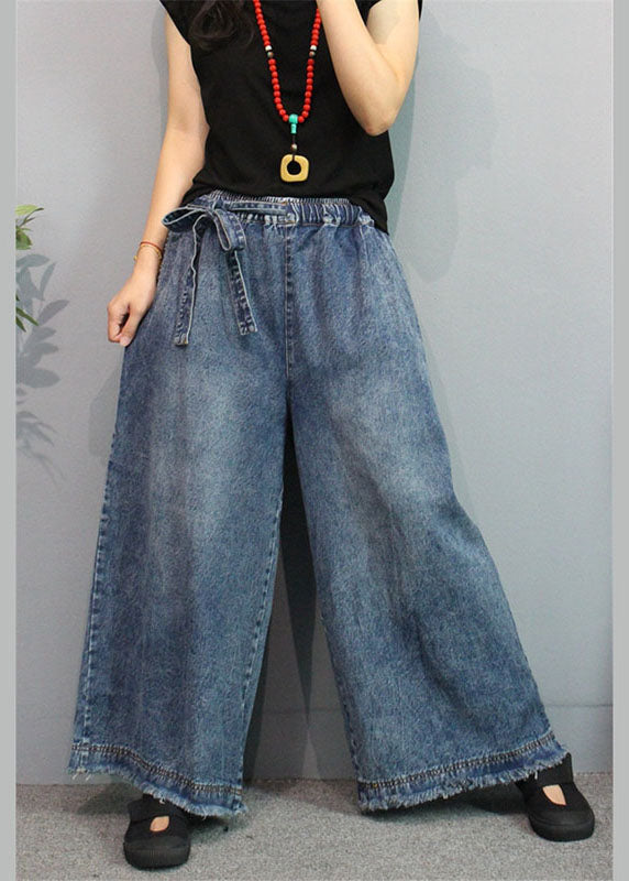 Blue Casual Retro Pockets Tie Waist Fall Wide Leg Denim Pants