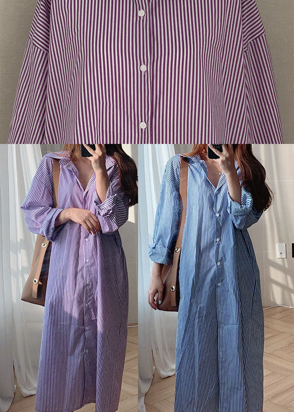 Blue Cotton Button Striped Shirt Dresses Spring