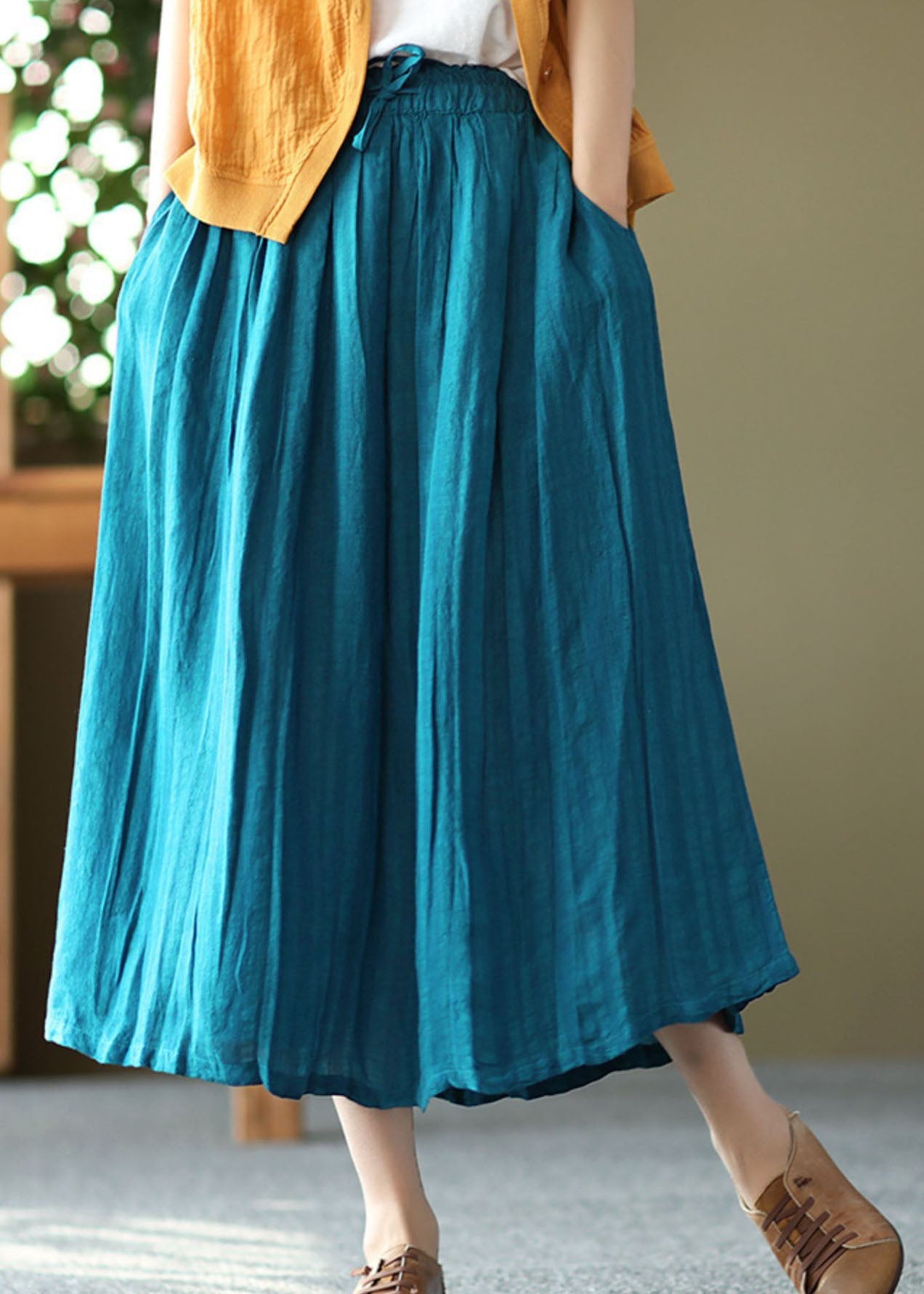 Blue Exra Large Hem Linen Skirts Drawstring Wrinkled Summer