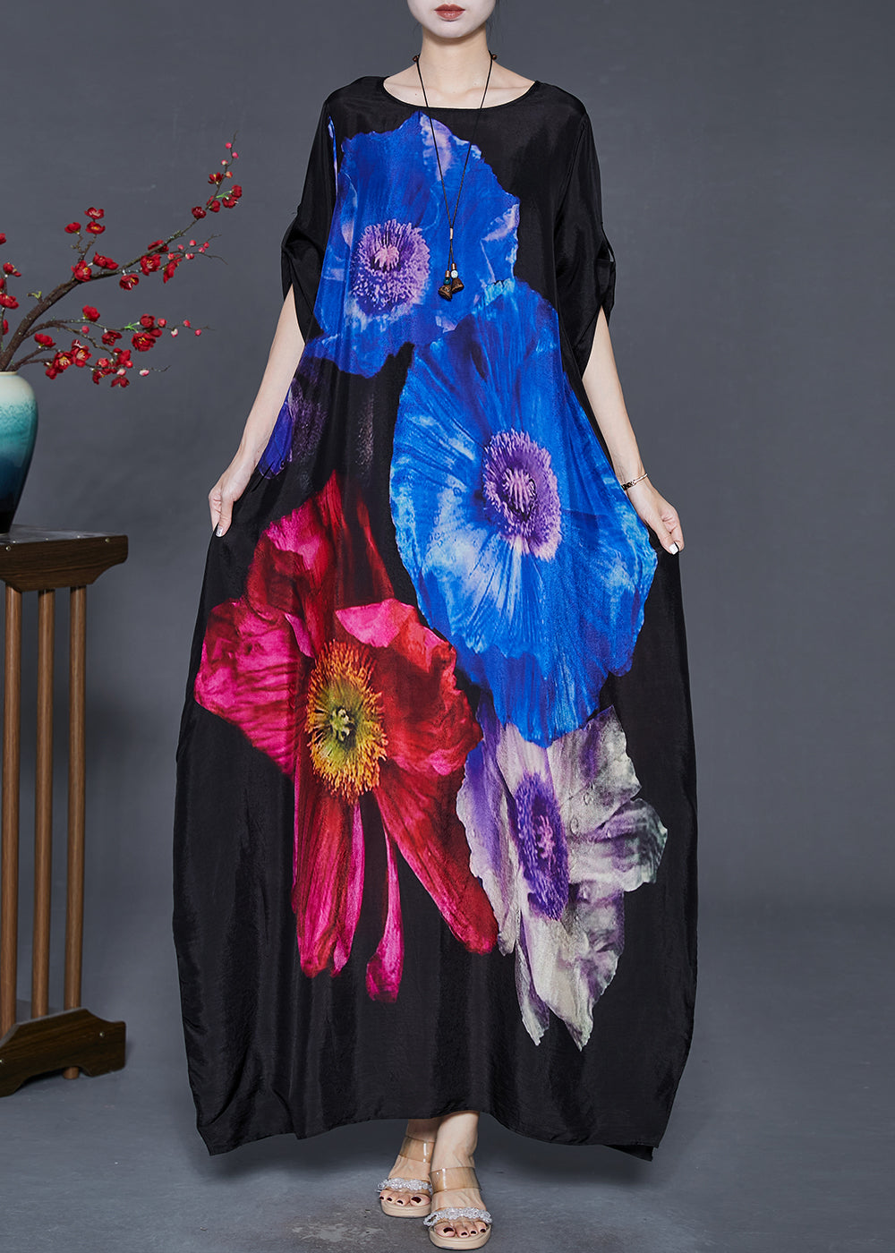 Blue Floral Silk Holiday Dress Oversized Spring