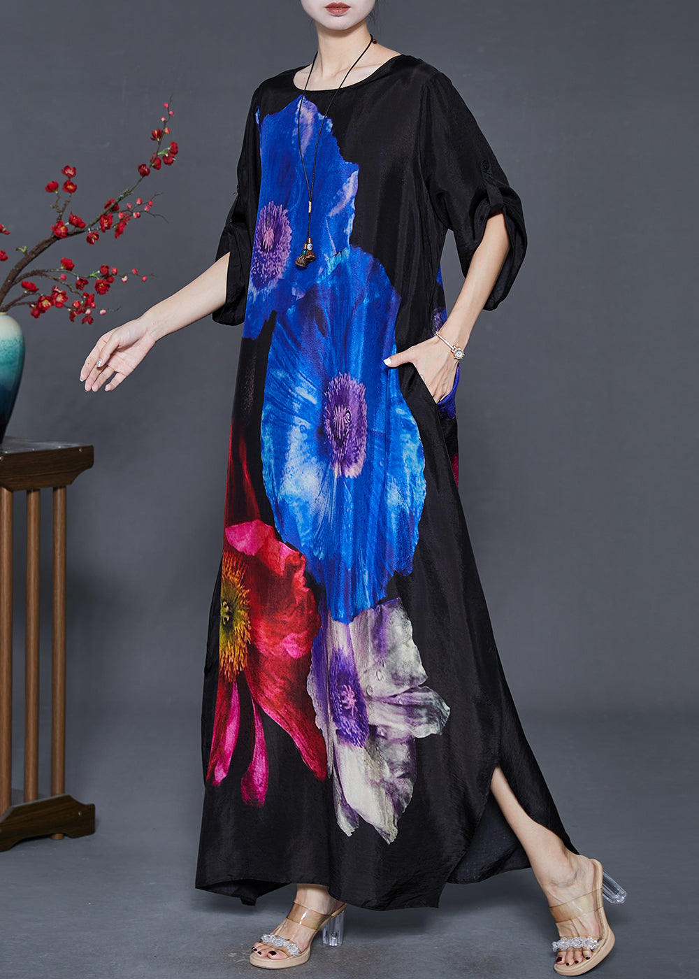 Blue Floral Silk Holiday Dress Oversized Spring