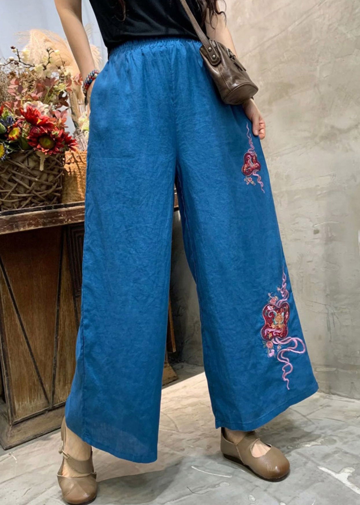 Blue Loose Linen Wide Leg Pants elastic waist Summer