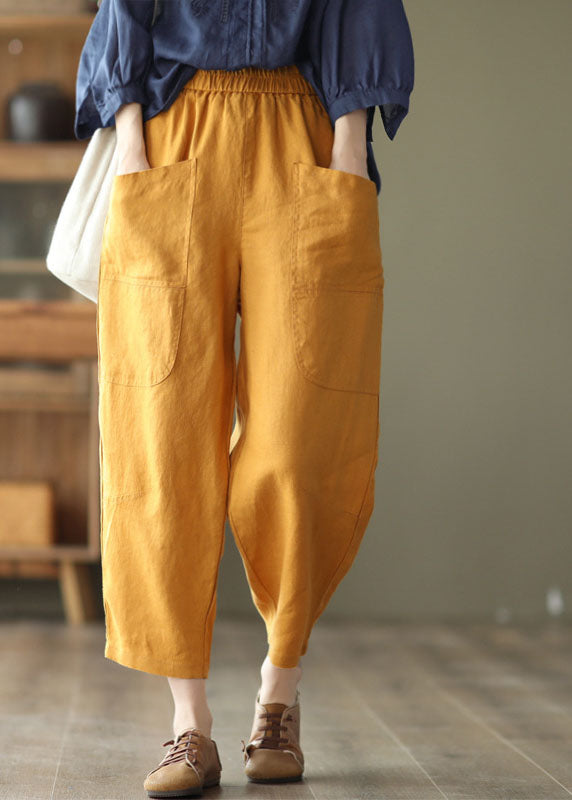 Blue Oversized Linen Crop Pants Elastic Waist Big Pockets Spring