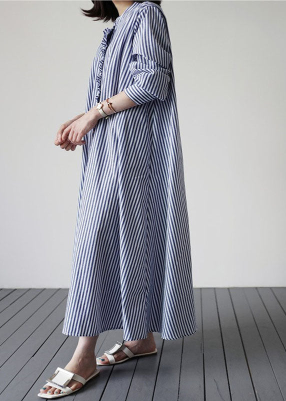 Blue Patchwork Cotton Dresses Ruffled Striped Long Sleeve