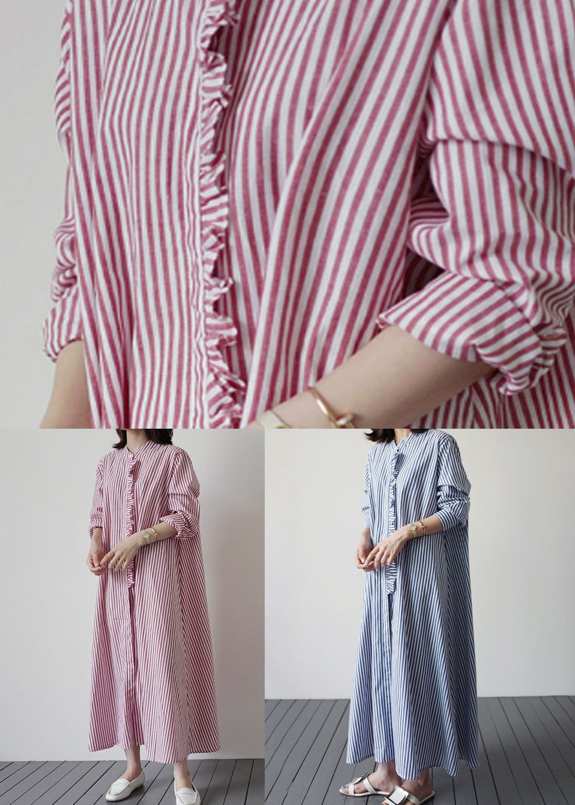 Blue Patchwork Cotton Dresses Ruffled Striped Long Sleeve