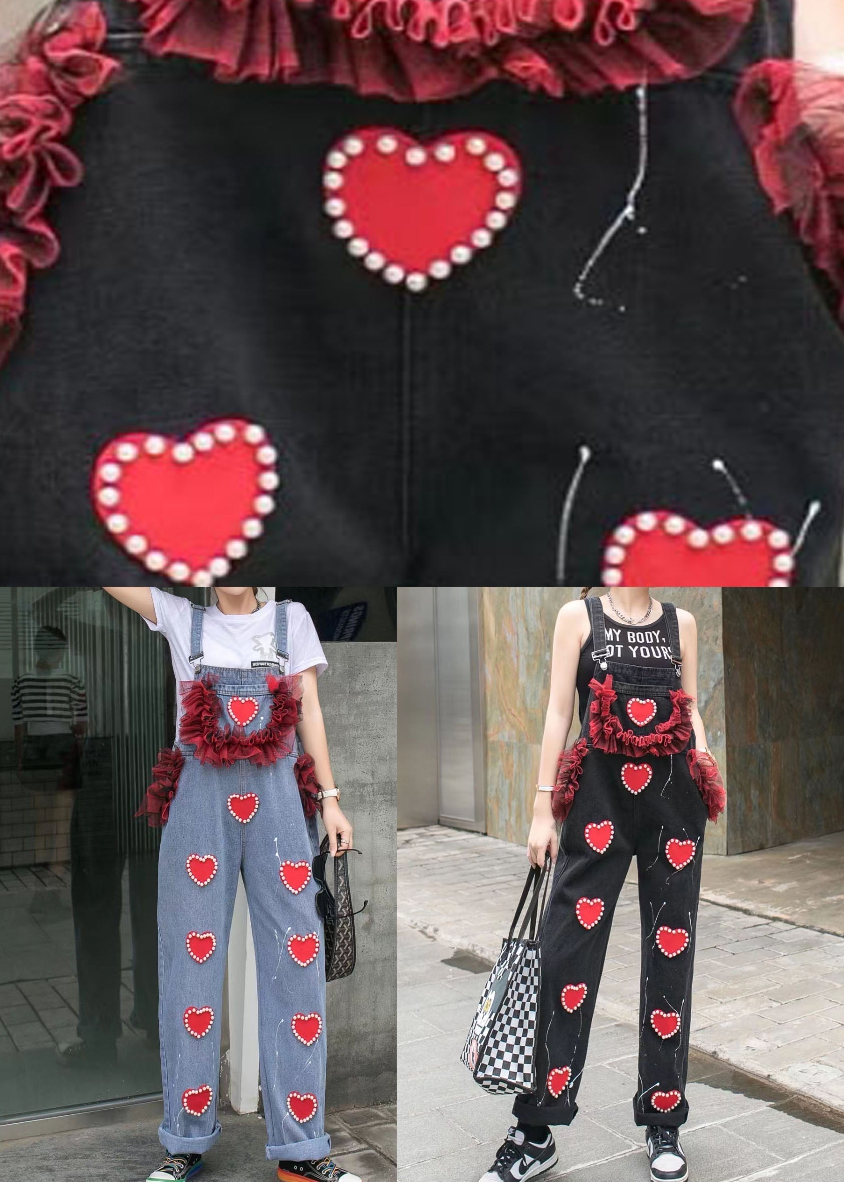 Blue Patchwork Spaghetti Strap Denim Jumpsuits Tulle Ruffled Heart Nail Bead Summer