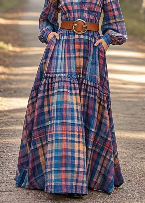 Blue Plaid Linen Long Dresses Cinched Exra Large Hem Spring