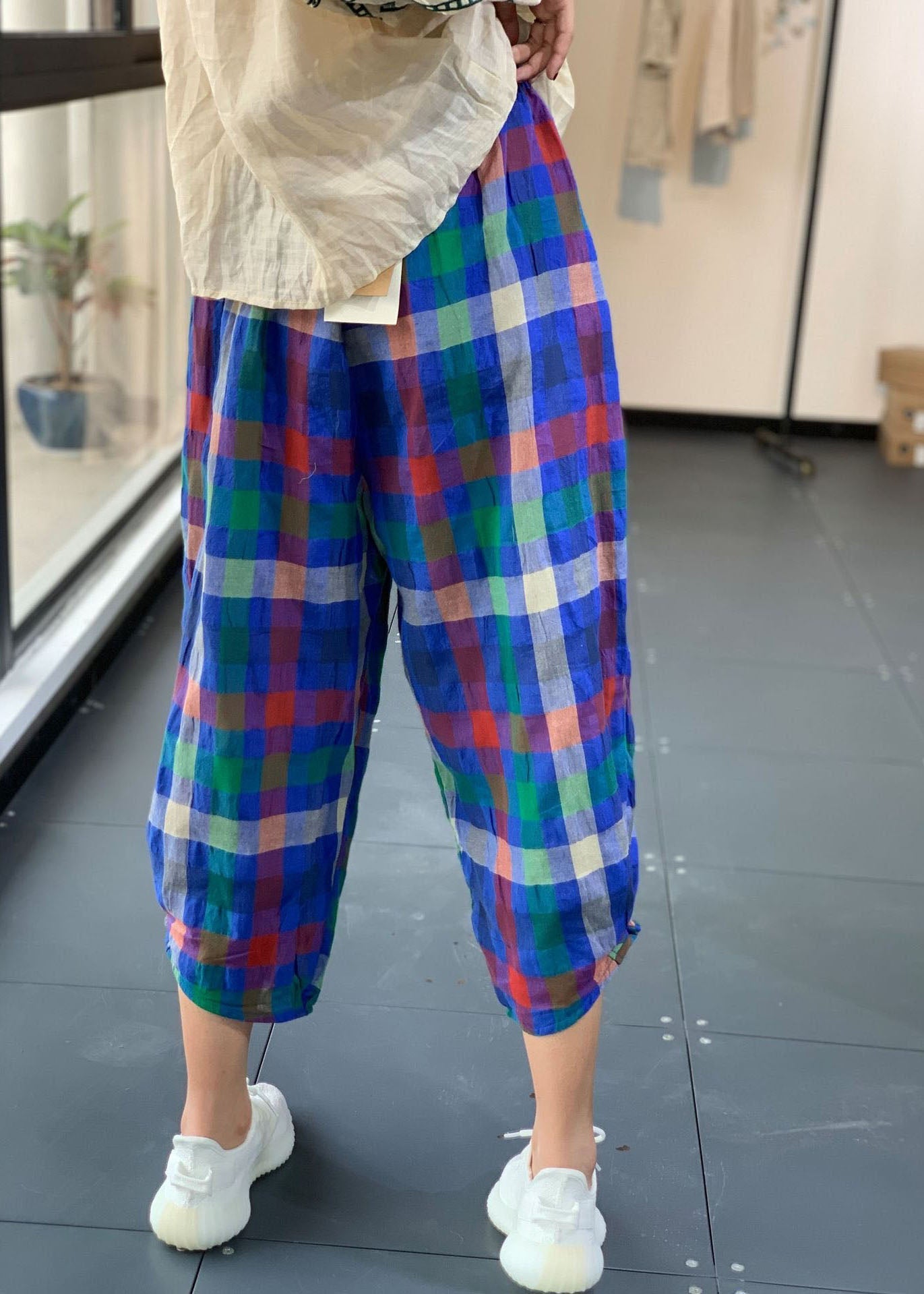 Blue Plaid Linen Loose Crop Pants Elastic Waist Tie Waist Summer