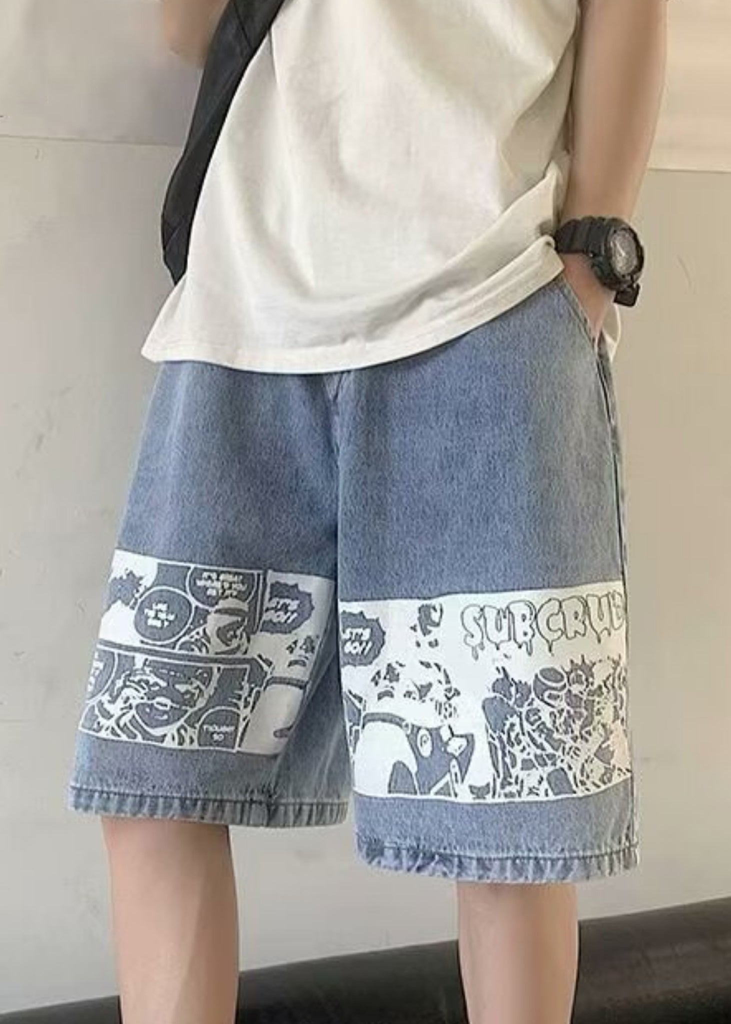 Blue Pockets Denim Summer Men Shorts Elastic Waist