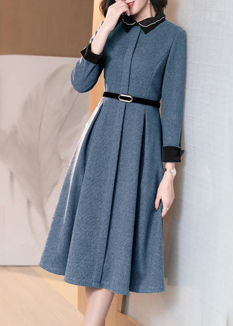 Blue Pockets Patchwork Cotton Dresses Peter Pan Collar Long Sleeve