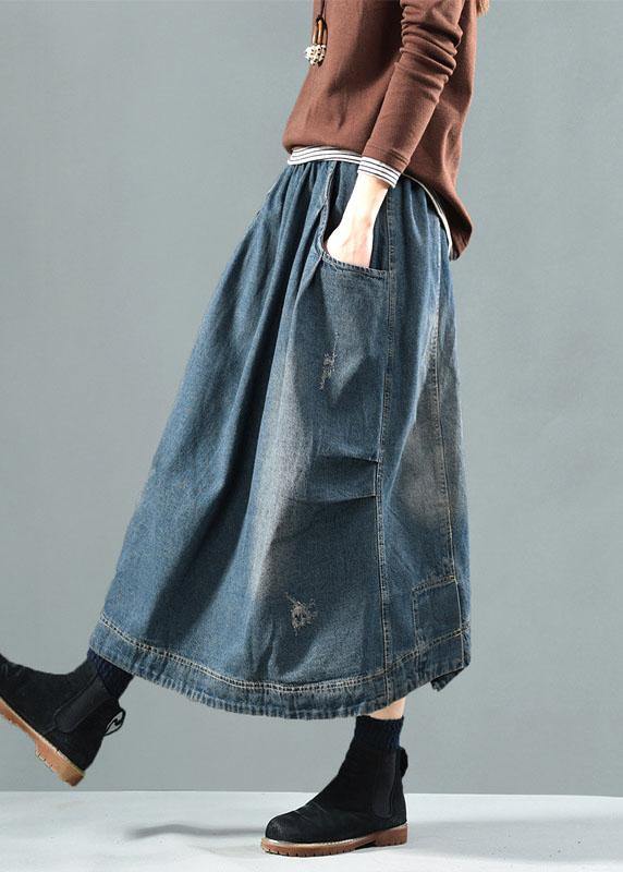 Blue-white flower Pockets Retro Patchwork Summer Skirts Denim