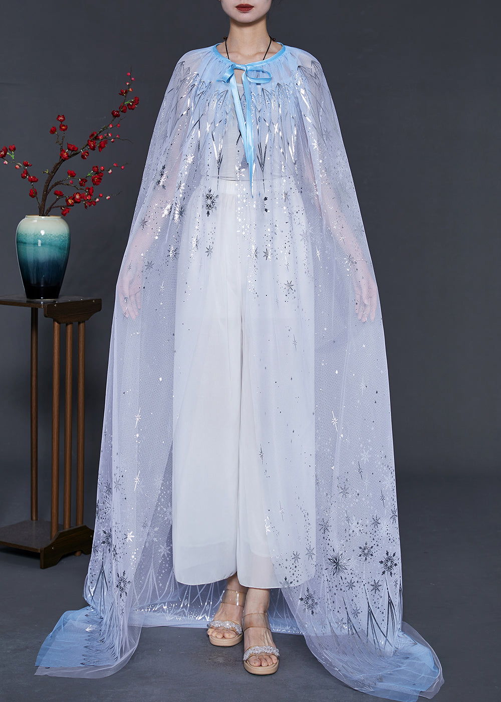 Blue Print Silk Holiday Cloak Oversized Lace Up Summer