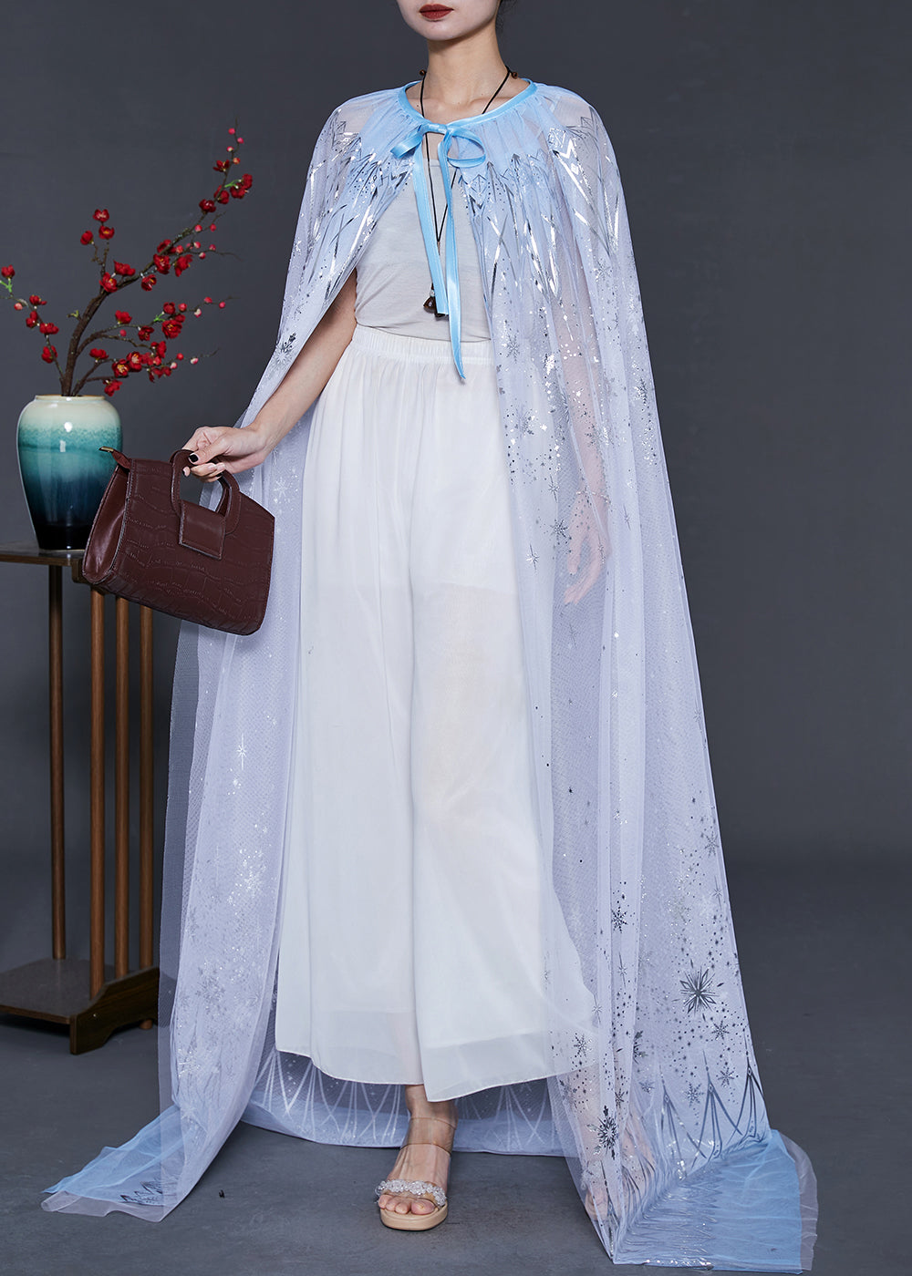 Blue Print Silk Holiday Cloak Oversized Lace Up Summer