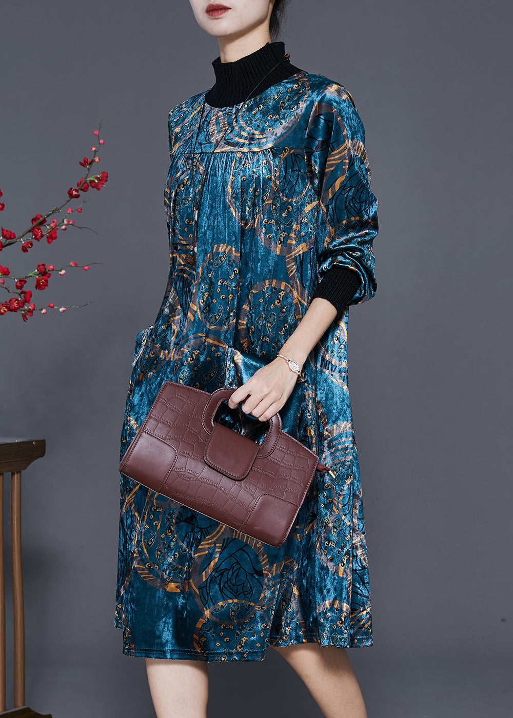 Blue Print Silk Velour Long Dresses High Neck Pockets Spring