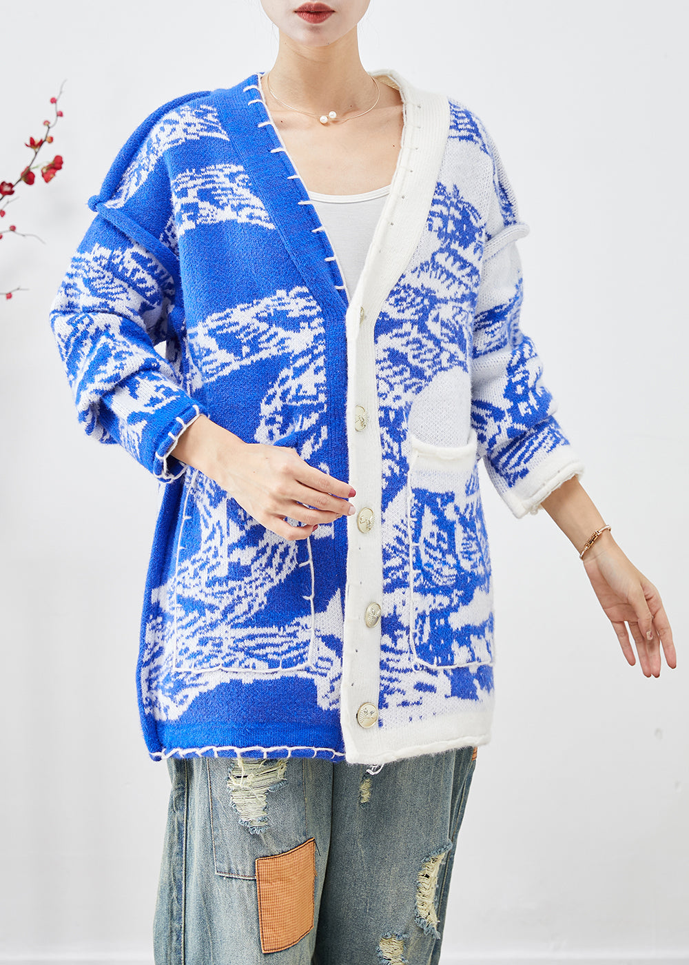 Blue Tie Dye Knit Cardigan Asymmetrical Button Down Fall