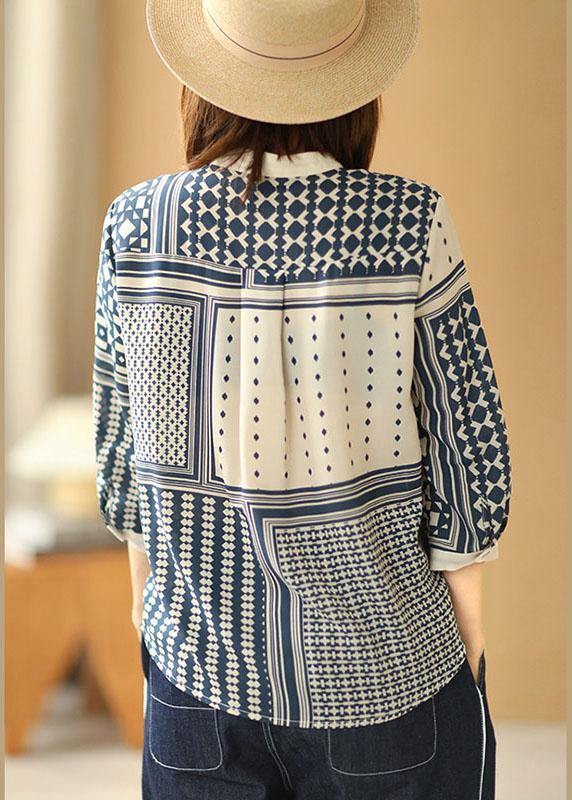 Bohemian Apricot O-Neck Print Button Fall Blouses Three Quarter sleeve