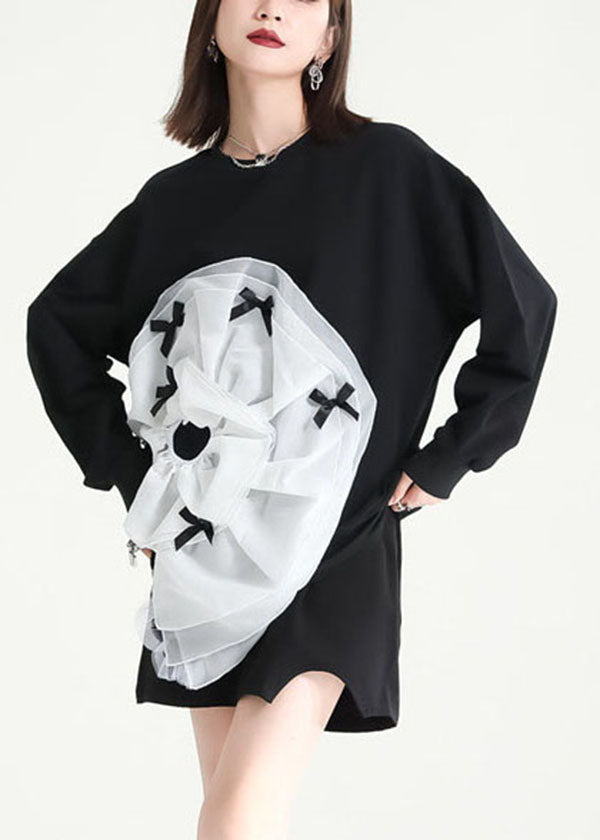 Bohemian Black Asymmetrical Patchwork Tulle Applique Cotton Sweatshirts Dress Fall