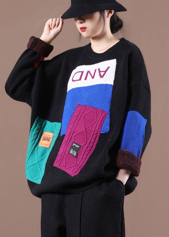 Bohemian Black Colorblock Letter Fall Knit Sweater