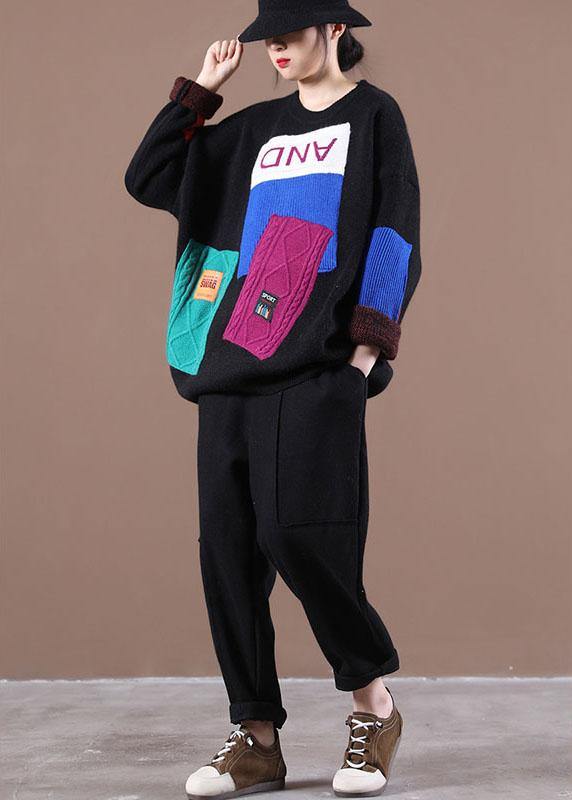 Bohemian Black Colorblock Letter Fall Knit Sweater