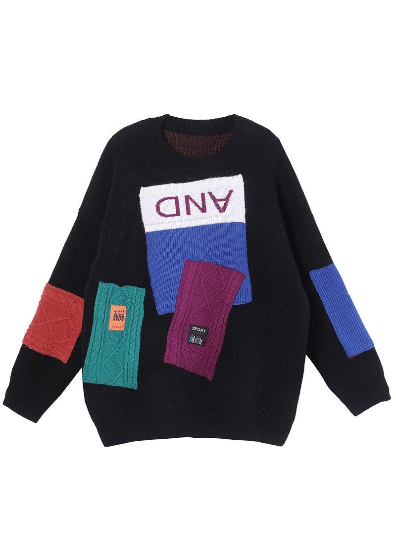 Bohemian Black Colorblock Letter Fall Knit Sweater