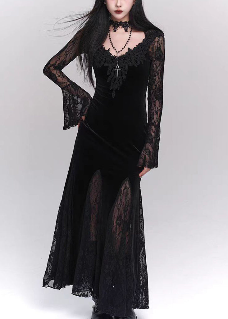 Bohemian Black Hollow Out Lace Patchwork Silk Velvet Maxi Dresses Flare Sleeve