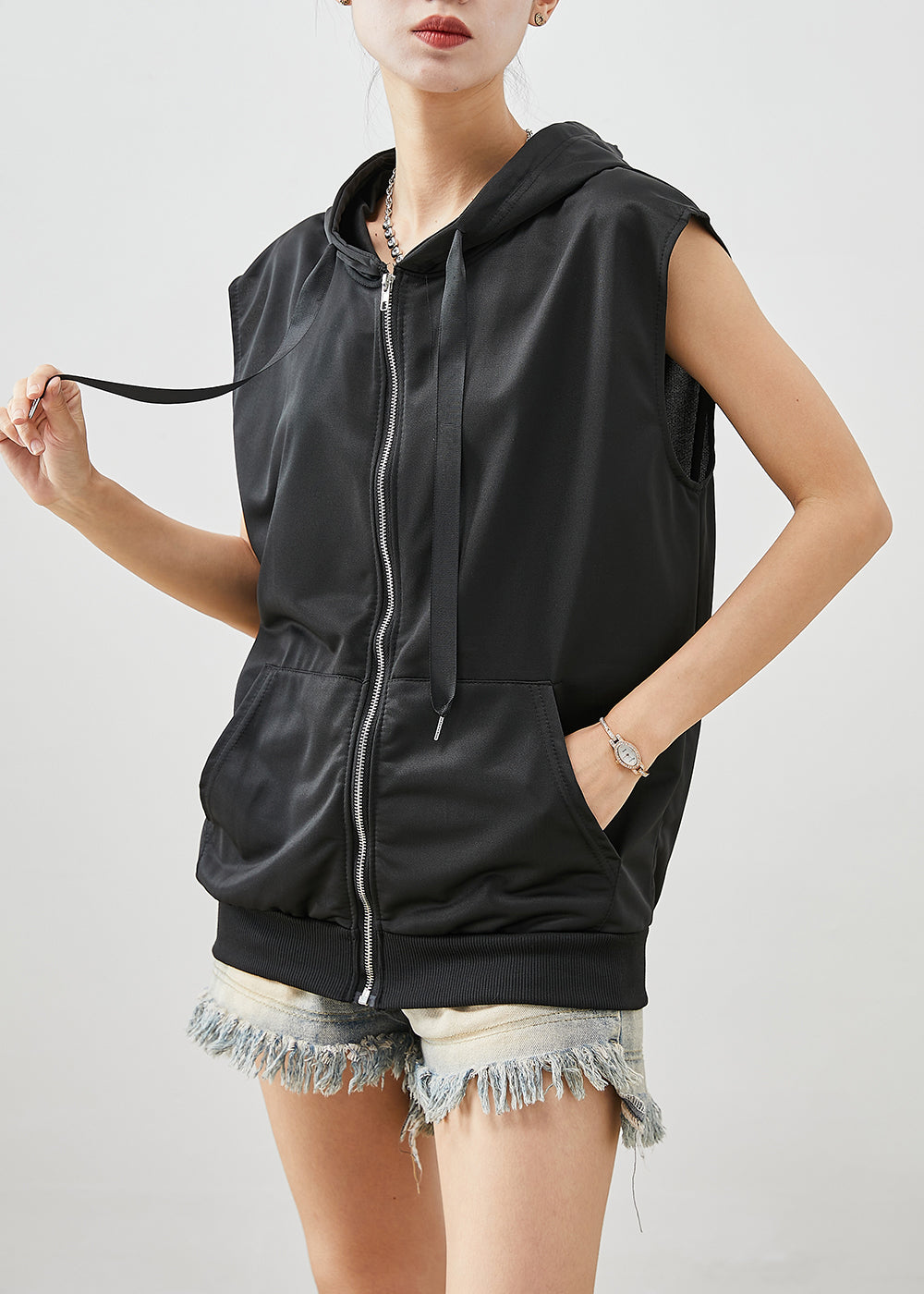 Bohemian Black Hooded Drawstring Cotton Vest Fall