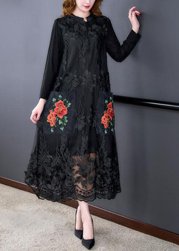 Bohemian Black O-Neck Embroideried Tulle Long Dresses Spring