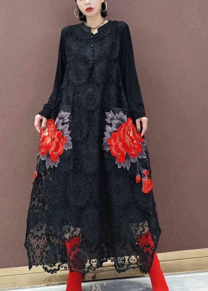 Bohemian Black O-Neck Lace Print Dress Fall