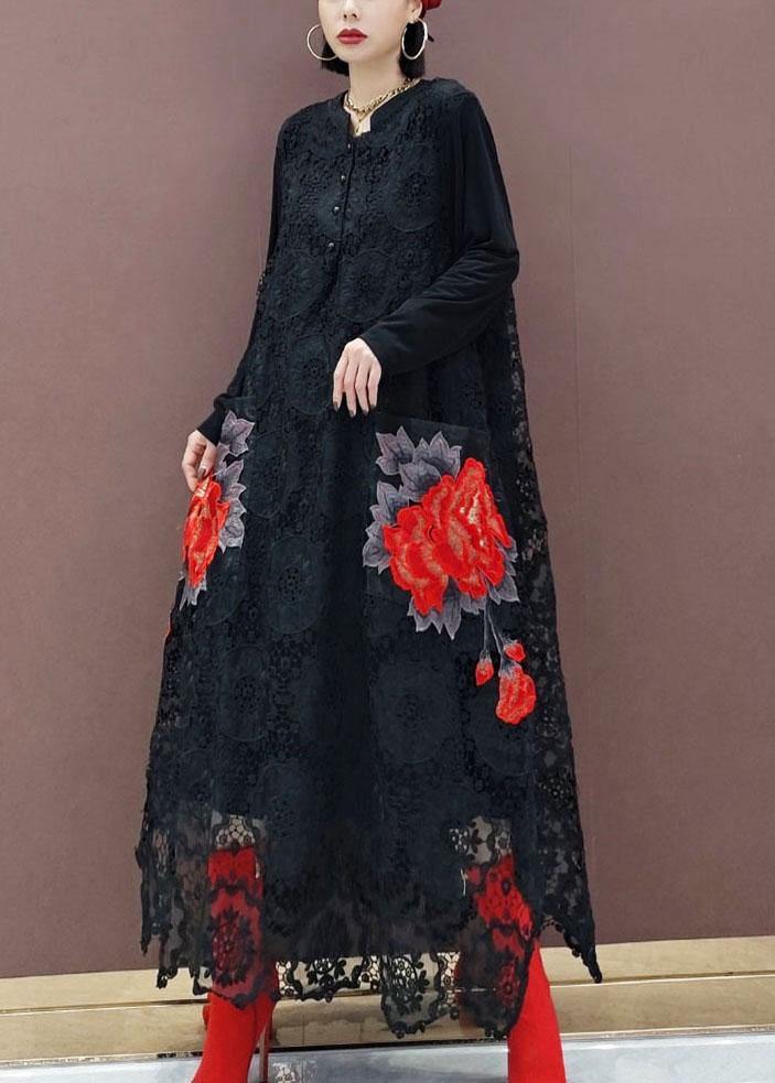 Bohemian Black O-Neck Lace Print Dress Fall