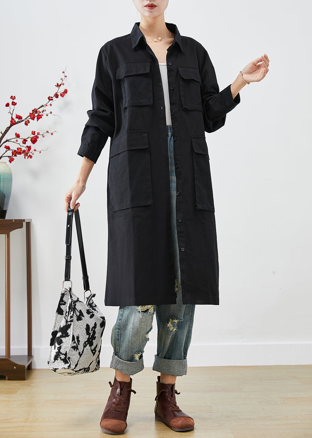 Bohemian Black Oversized Pockets Cotton Trench Fall