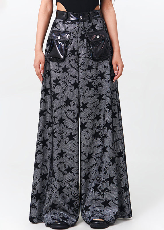 Bohemian Black Pockets Patchwork Denim Wide Leg Pants Spring