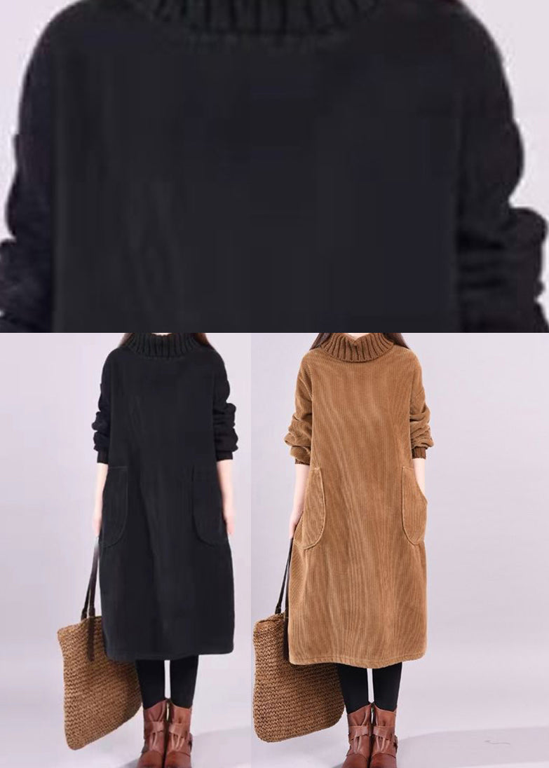 Bohemian Black Turtle Neck Patchwork Warm Fleece Corduroy Dress Long Sleeve