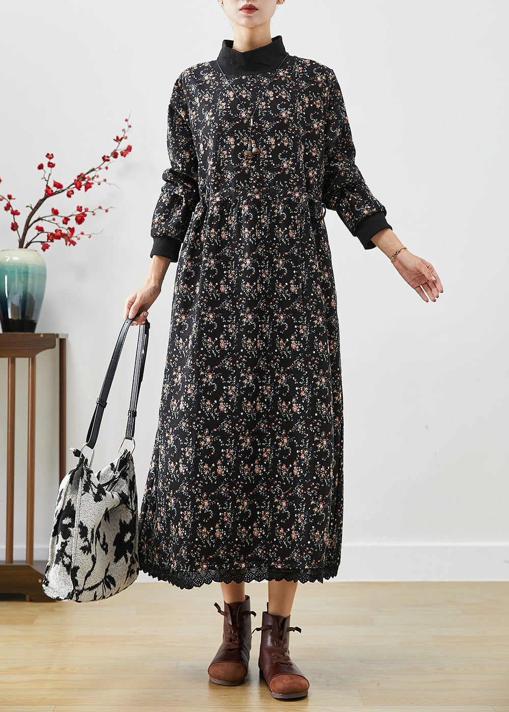 Bohemian Black Turtle Neck Print Warm Fleece Long Dress Winter