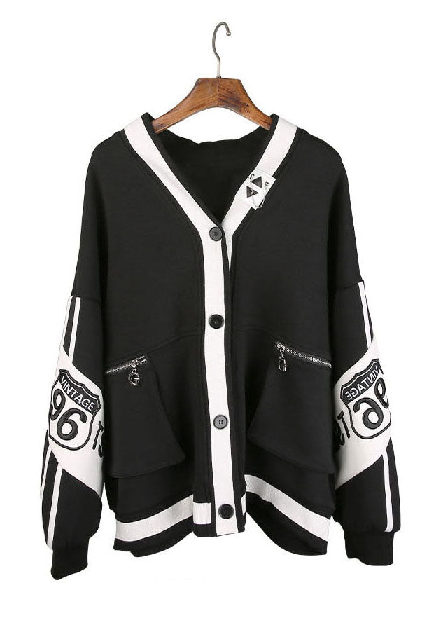 Bohemian Black V Neck Patchwork Button Coat Spring