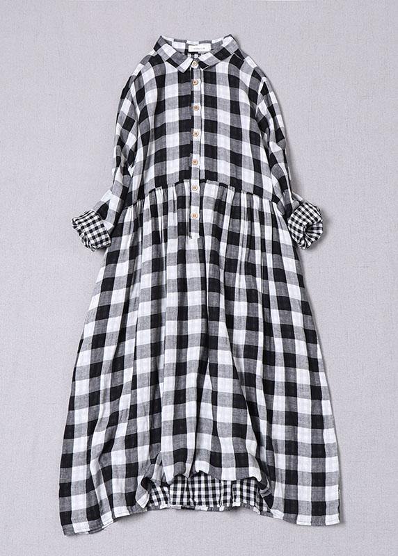 Bohemian Blue White Plaid PeterPan Collar Pockets Button Fall Patchwork Dresses