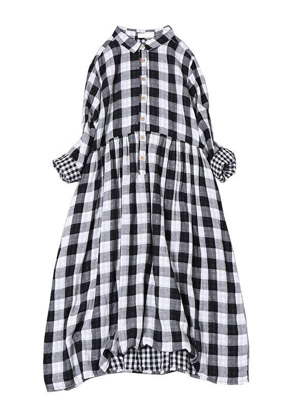 Bohemian Blue White Plaid PeterPan Collar Pockets Button Fall Patchwork Dresses