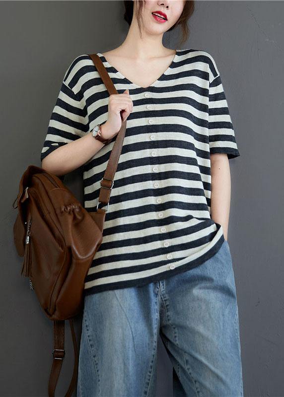 Bohemian Black White Striped V Neck Button Top Summer