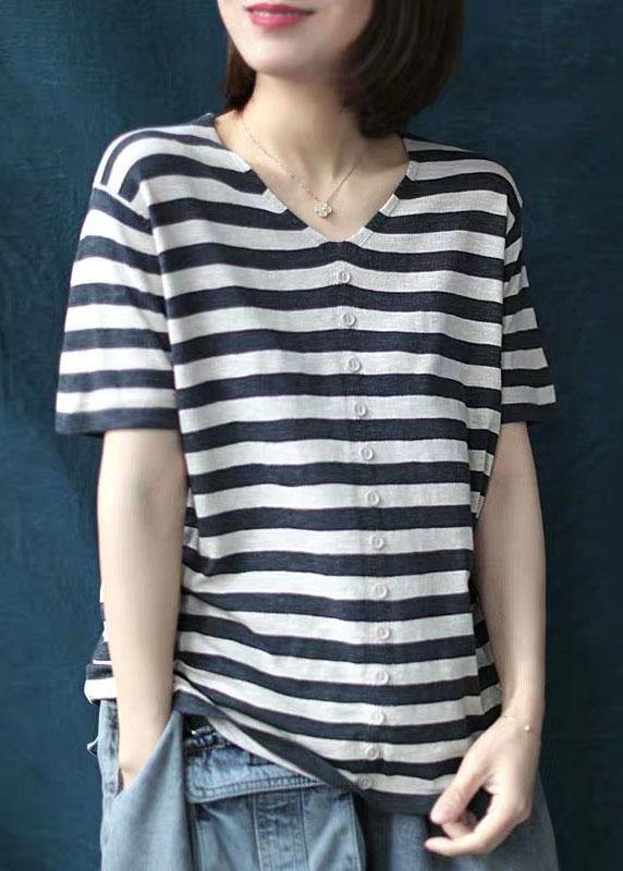 Bohemian Black White Striped V Neck Button Top Summer