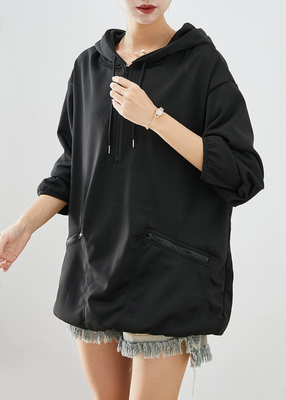 Bohemian Black Zip Up Hooded Oversized Cotton Sweatshirts Top Fall