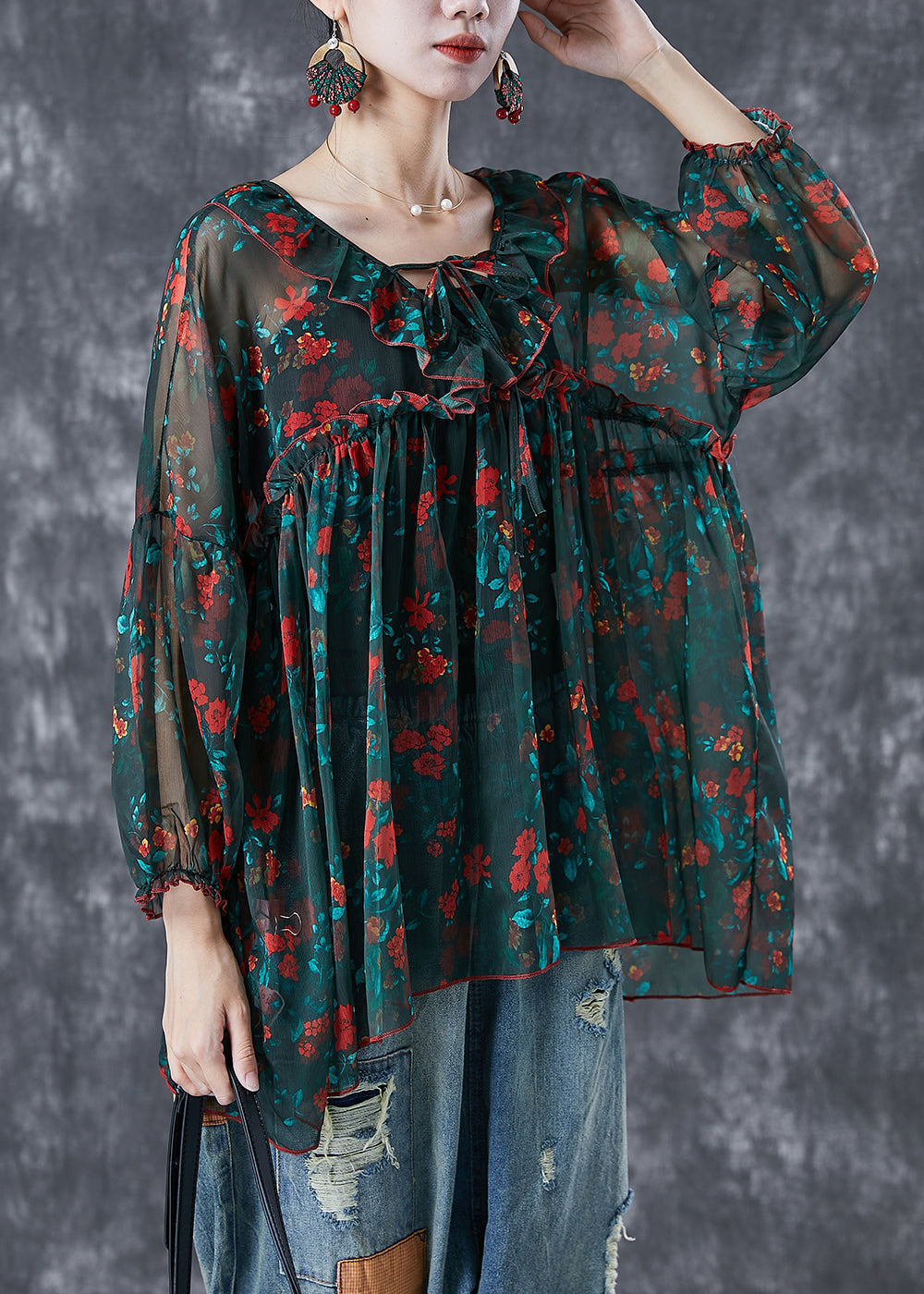 Bohemian Blackish Green Ruffled Print Chiffon Blouses Summer