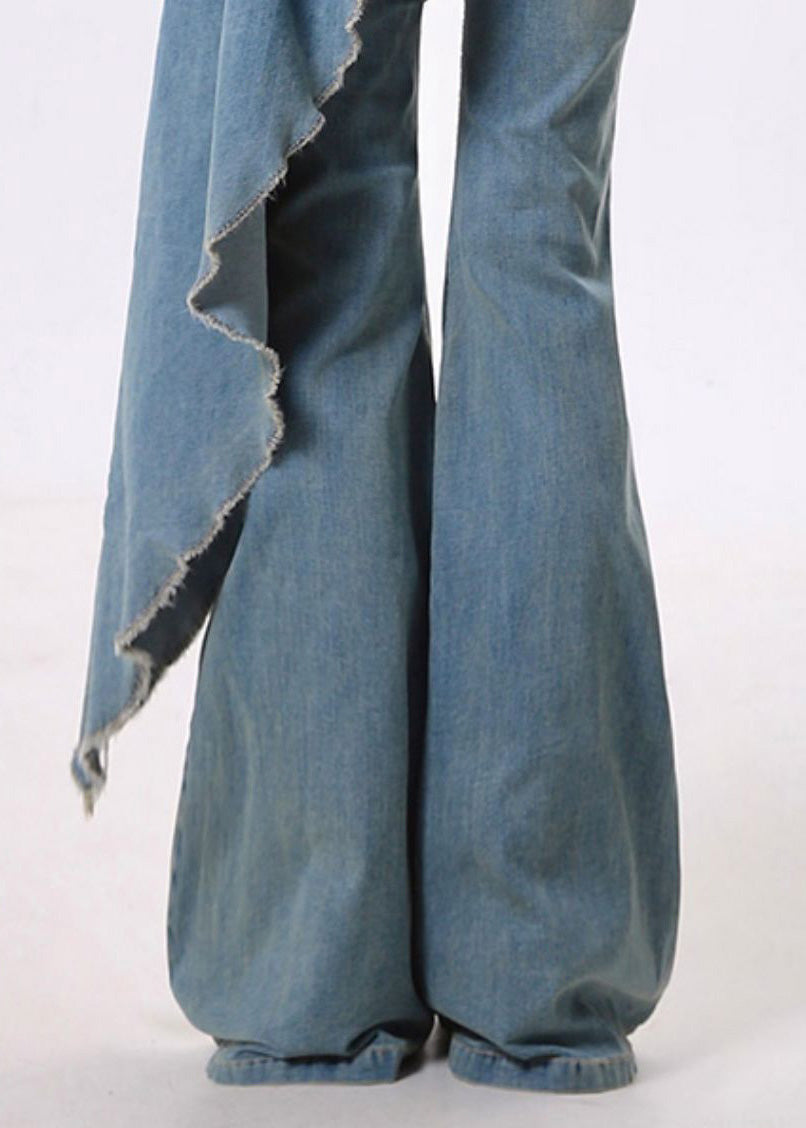 Bohemian Blue Asymmetrical Patchwork Denim Flared Trousers Pants Spring