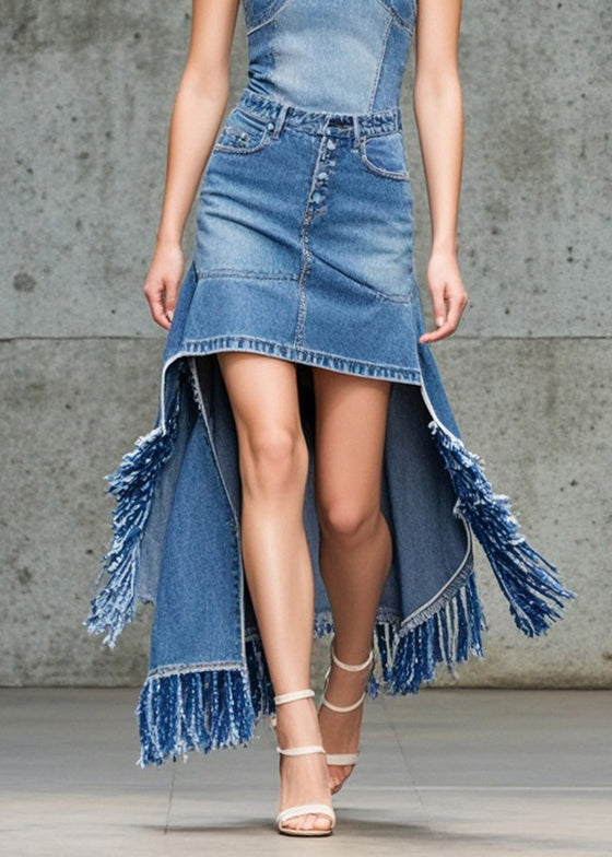 Bohemian Blue Asymmetrical Tasseled Denim Skirts Spring