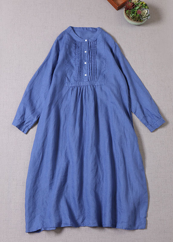 Bohemian Blue Button wrinkled Linen Dresses Long Sleeve